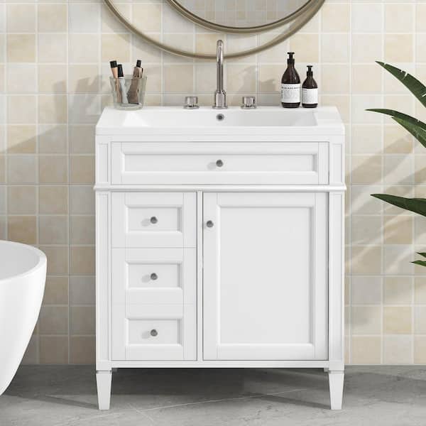 Zeus & Ruta 30 in. W x 18 in. D x 33 in. H Freestanding Bath Vanity in White with White Resin Top, 2-Drawers and a Tip-Out Drawer