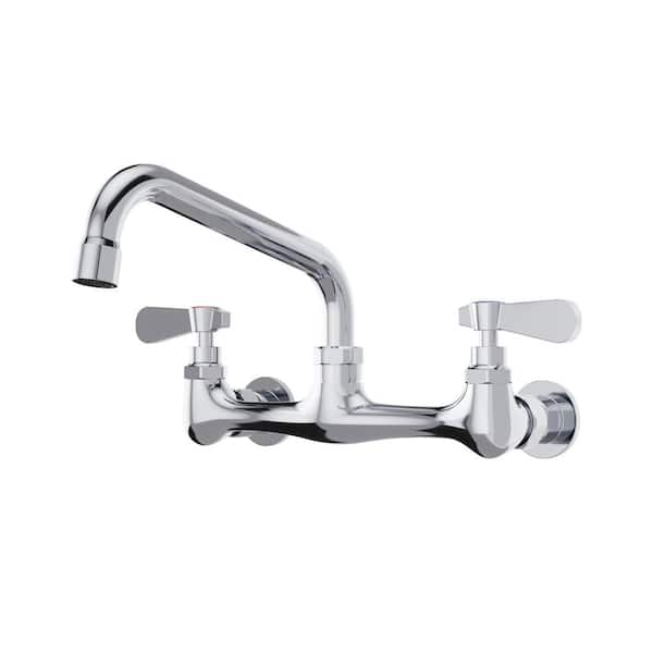 2-Handle Wall Mount Kitchen Faucet with 8 Inch Swivel Spout 8" Center in Polished Chrome