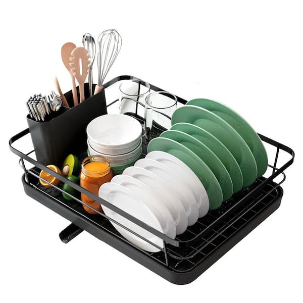 Black Dish Drying Rack for Kitchen Counter, Rust Resistant Metal Sink Organization and Storage Rack with Cutlery Holder