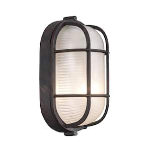 Aria 8.25 in. 1-Light Rust Oval Bulkhead Outdoor Wall Light Fixture with Ribbed Glass