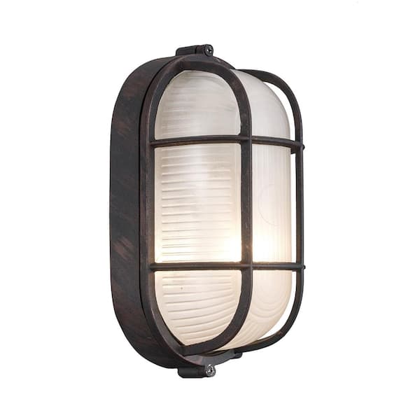 Aria 8.25 in. 1-Light Rust Oval Bulkhead Outdoor Wall Light Fixture with Ribbed Glass