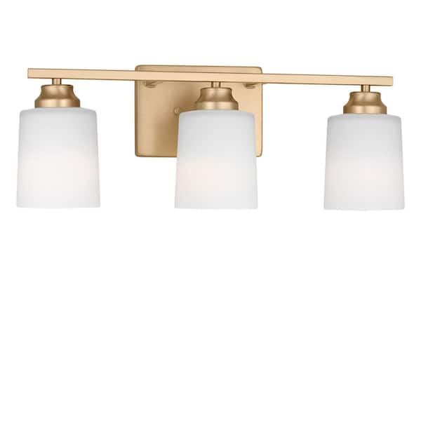 Vinton 20.75 in. W 3-Light Satin Brass Traditional Bathroom Vanity Light with Etched Glass Shades and Bulbs Included