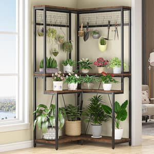 Eileen 67 in. Brown 4-Tier Wood Corner Plant Stand 15 S-Shaped Hanging Hooks Potted Organizer Rack Tall Shelving Holder