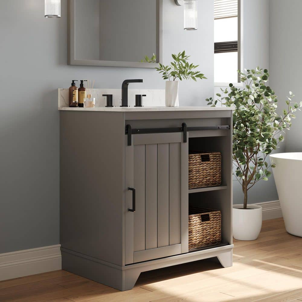 Gray 30" Freestanding Bathroom Vanity with Ceramic Sink and Storage Baskets
