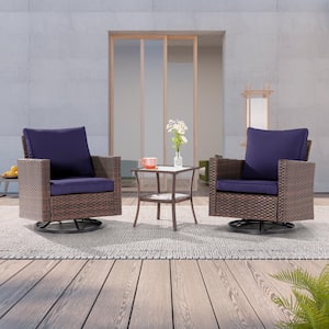 3-Piece Brown Wicker Patio Bistro Set Swivel Rocking Chairs with Side Table, Navy Blue