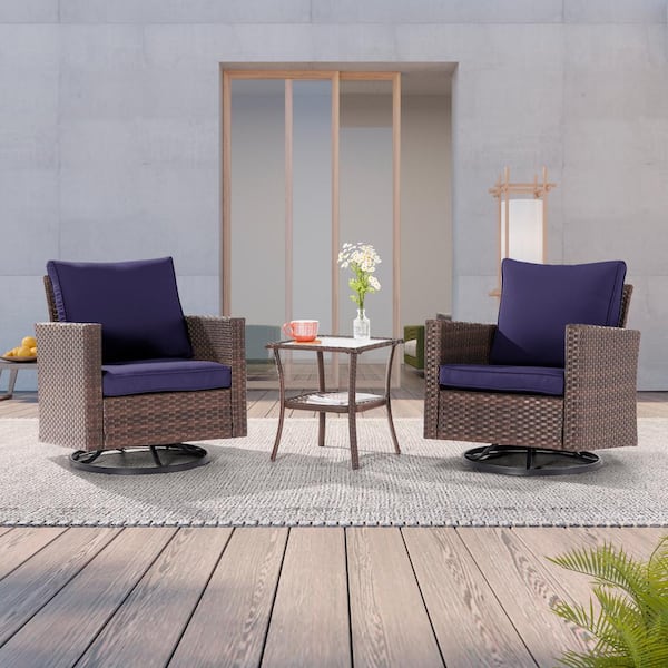 JOYESERY 3-Piece Brown Wicker Patio Bistro Set Swivel Rocking Chairs with Side Table, Navy Blue