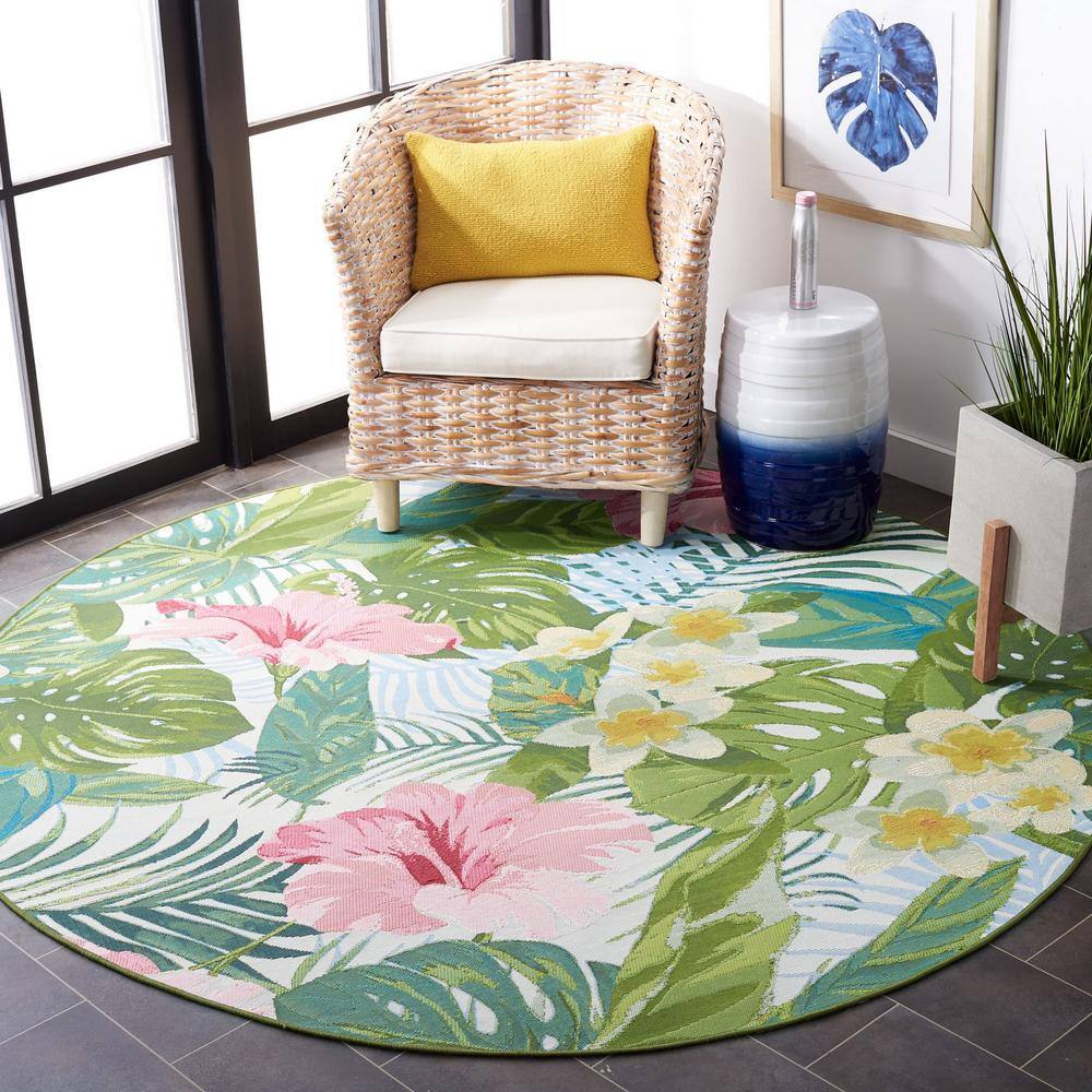 Tropical Floral Round Green and Pink Synthetic Area Rug