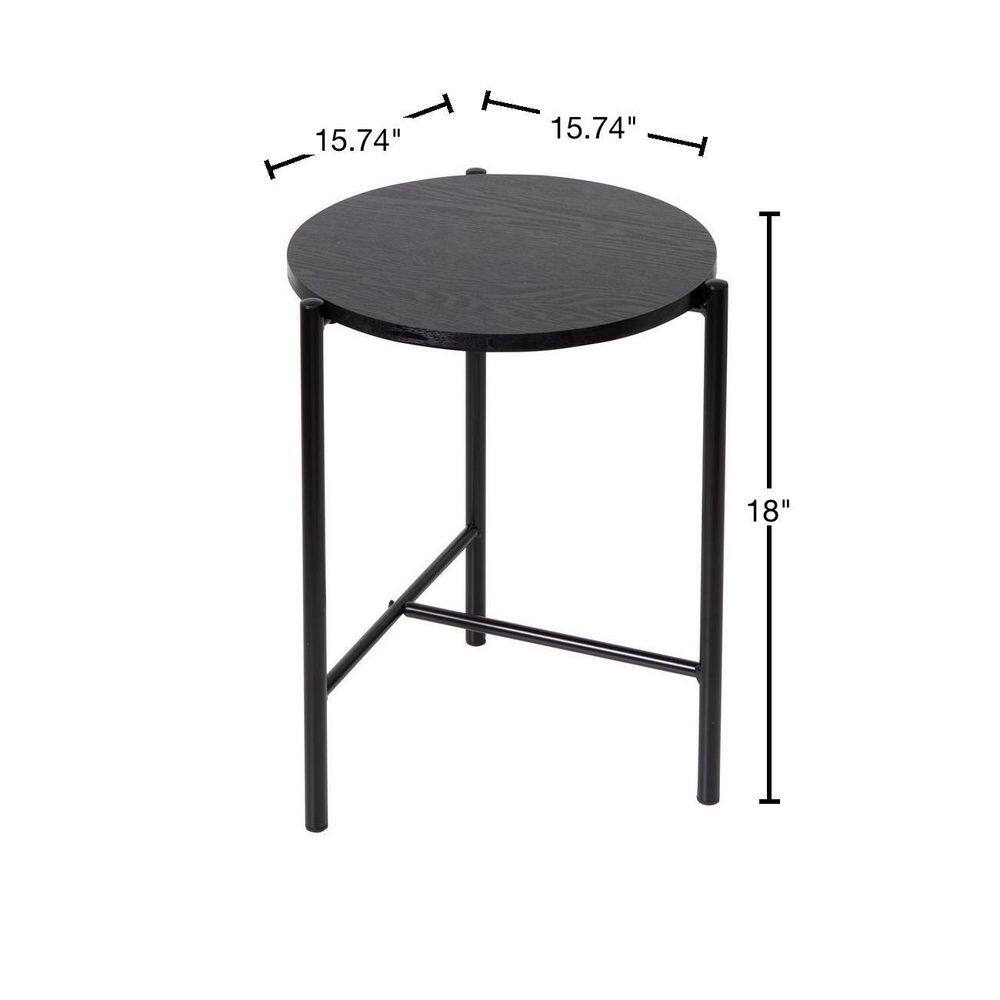 Sleek Matte Black Metal and Wood Round Side Table