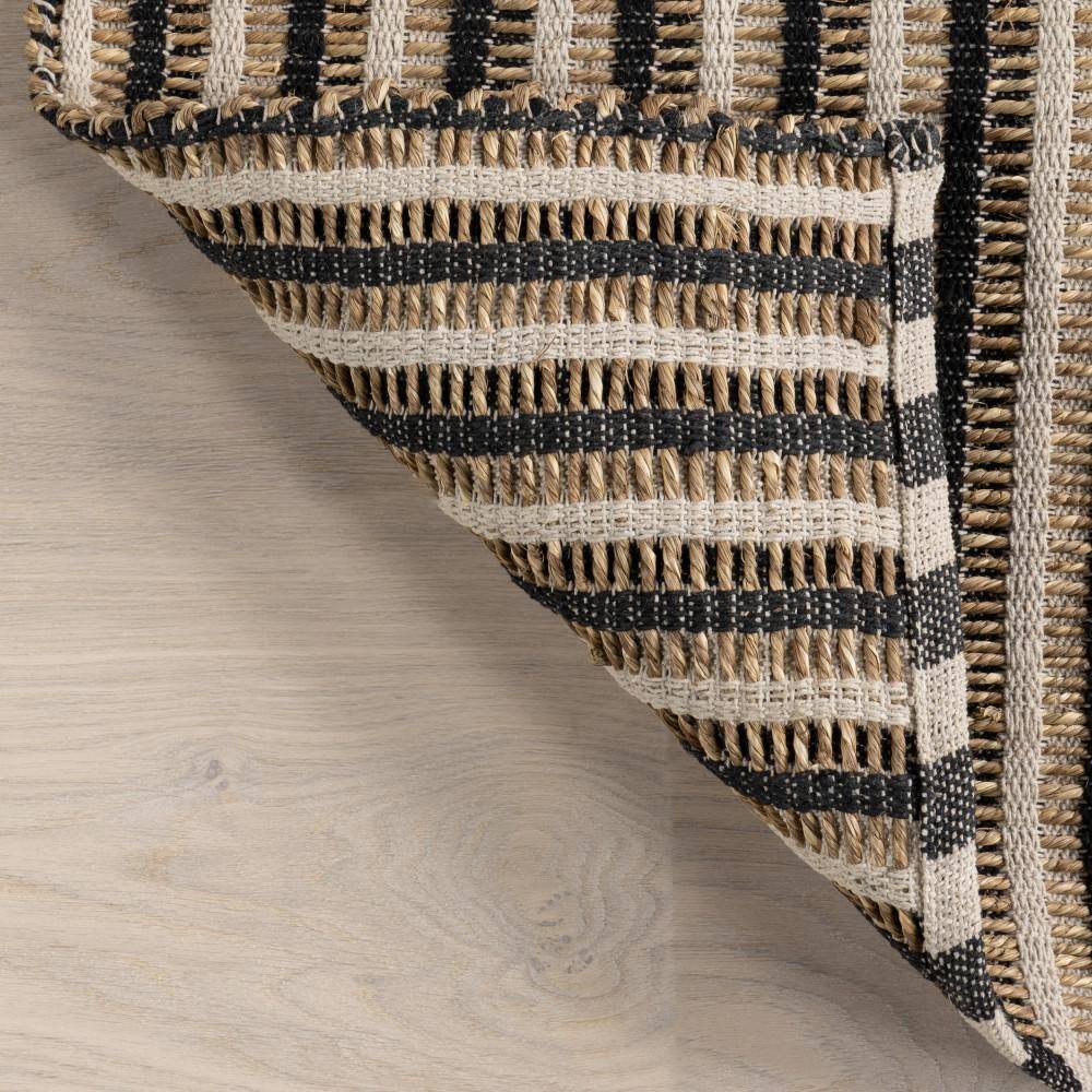 Ivory and Black Striped Cotton and Seagrass Rectangular Rug, 5' x 8'
