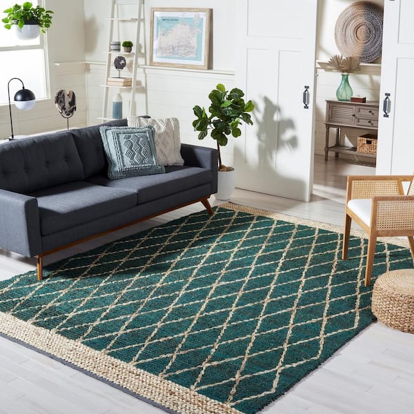 Natural Fiber Dark Green/Beige 9 ft. x 12 ft. Border Multi-Diamond Area Rug