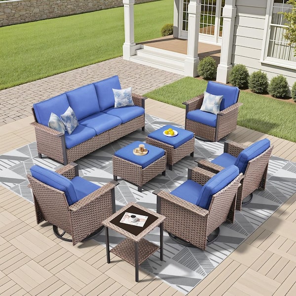 8-Piece Wicker Patio Conversation Set with Swivel Glider Chairs, Outdoor Sofa Couch Seating Set with Blue Cushions