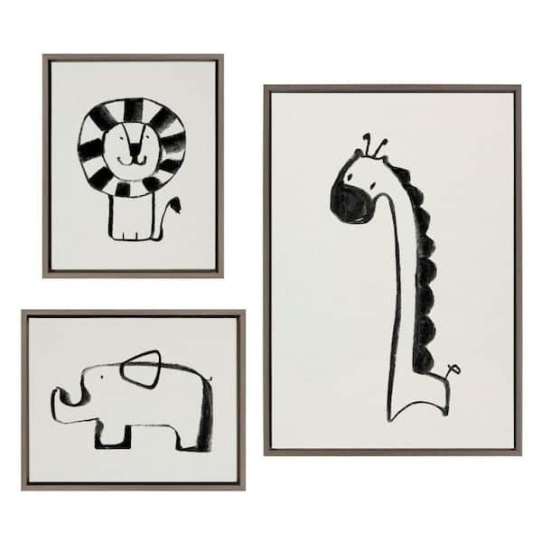 Kate and Laurel Sylvie Giraffe, Lion and Elephant by Teju Reval of SnazzyHues 3 Piece Framed Art Print 23 in. x 33 in.