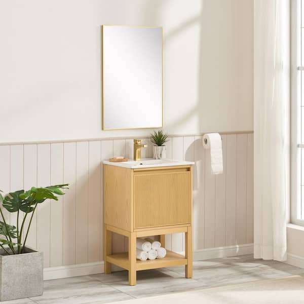 20 in. Ash Solid Wood Freestanding Bath Vanity with White Ceramic Top, Soft-Close, Adjustable Shelf, Fully Assembled