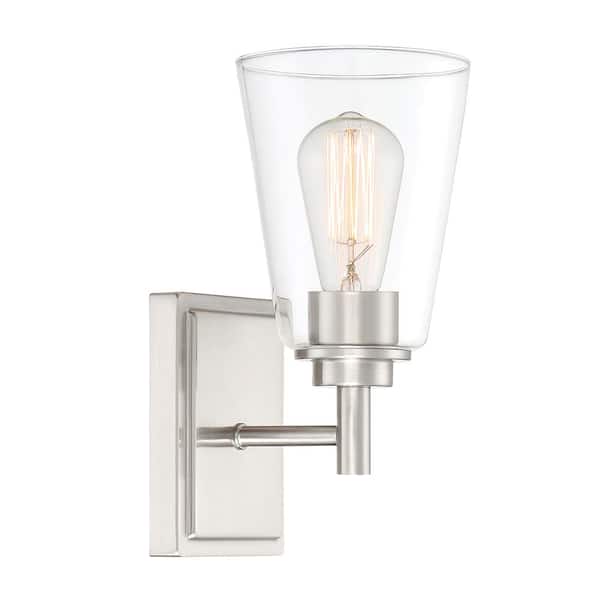 Designers Fountain Westin 5.25 in. 1-Light Satin Platinum Modern Industrial Wall Sconce with Clear Glass Shade