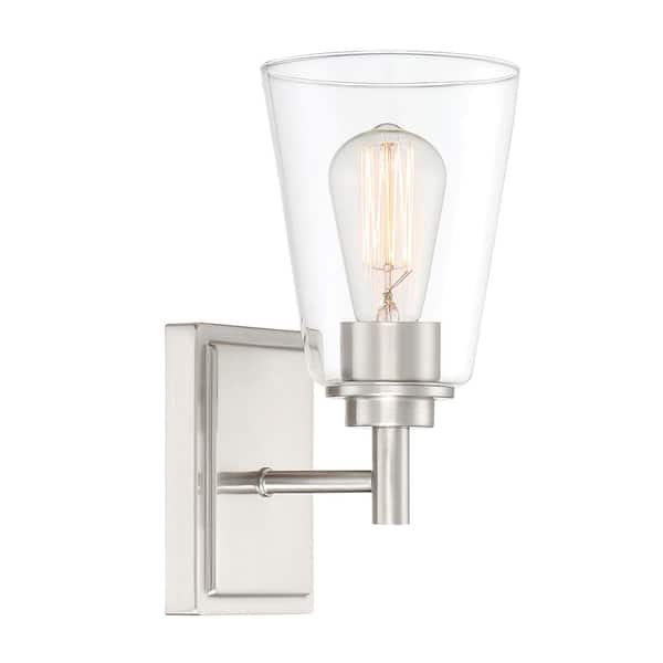 Designers Fountain Westin 5.25 in. 1-Light Satin Platinum Industrial Wall Sconce with Clear Glass Shade