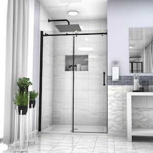48 in. W x 76 in. H Sliding Semi-Frameless Bypass Shower Door Matte Black with Tempered Glass, Stainless Steel Towel Bar