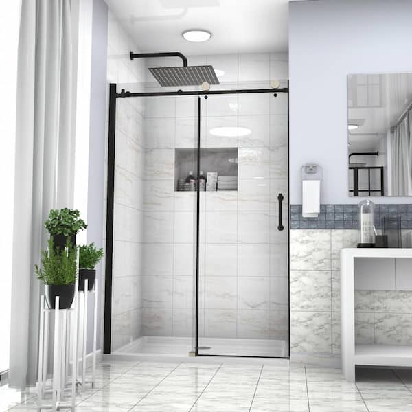 ANGELES HOME 48 in. W x 76 in. H Sliding Semi-Frameless Bypass Shower Door Matte Black with Tempered Glass, Stainless Steel Towel Bar