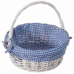 Traditional White Round Willow Gift Basket with Blue and White Gingham Liner and Sturdy Foldable Handles, Small