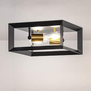 11.41 in. 2-Light Black and Gold Farmhouse Caged Square Flush Mount Industrial Vintage Ceiling Lighting