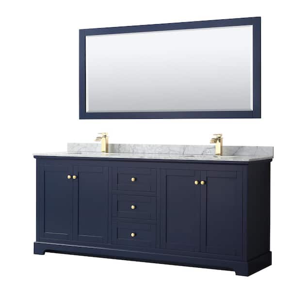 Wyndham Collection Avery 80 in. W x 22 in. D Bath Vanity in Dark Blue with Marble Vanity Top in White Carrara with White Basins and Mirror