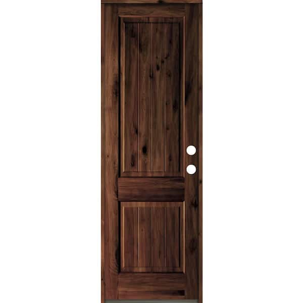 Krosswood Doors 30 in. x 96 in. Rustic Knotty Alder Square Top V-Grooved Red Mahogany Stain Left-Hand Wood Single Prehung Front Door