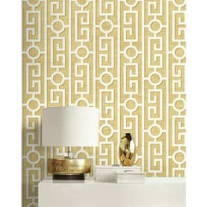 56 sq. ft. Metallic Honey Sempers Greek Key Unpasted Paper Wallpaper Roll