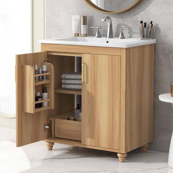 EPOWP 30 in. W x 18.3 in. D x 34.4 in. H Freestanding Bath Storage Vanity in Natural with White Ceramic Top Single Basin Sink