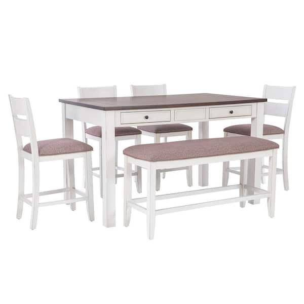 Marinus 6-Piece Rectangle Antique White Wood Top Counter Height Dining Room Set Seats 6