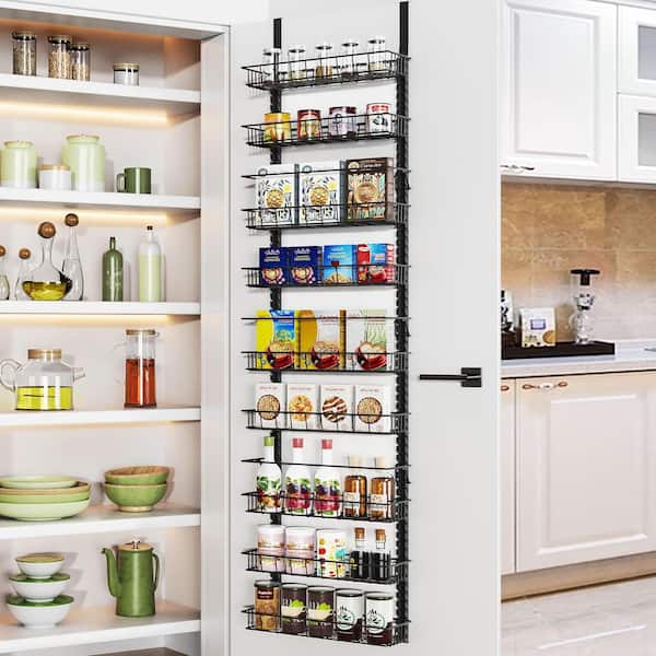 Over the Door Pantry Organizer Rack with 9 Adjustable Shelves Black Dual-use Hanging Wall Mount Spice Rack