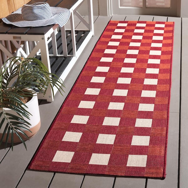 Courtyard Red/Beige 2 ft. x 7 ft. Plaid Grid Indoor/Outdoor Runner Rug