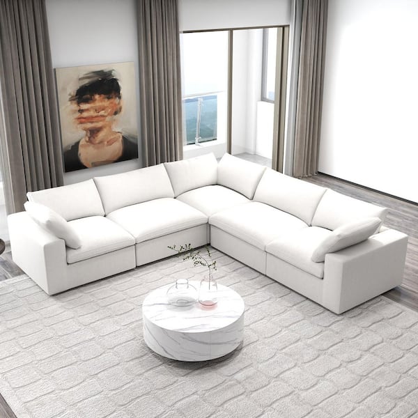 J&E Home 5-Piece White Linen Modular Free Combination Sectional Sofa Living Room Set with Removable Covers