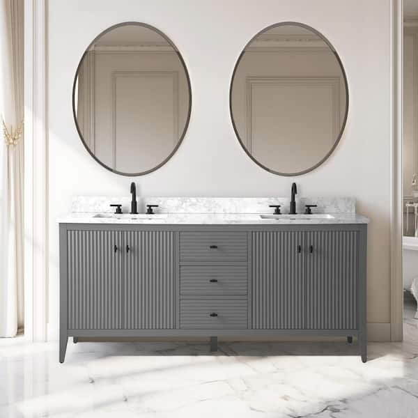 72 in. W x 22 in D x 38 in. H Double Sink Bathroom Vanity Cabinet in Linear Gray with White Engineered Marble Top