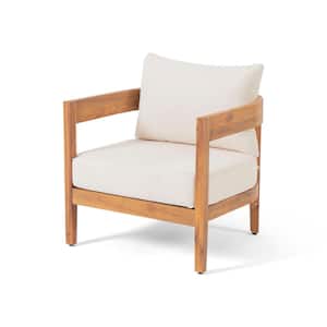 Deandre Wood Outdoor Patio Teak Lounge Chair with Beige Cushion