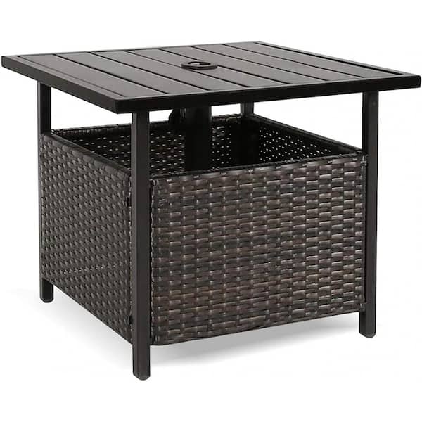 maocao hoom Wicker Outdoor Patio Side Table with Umbrella Hole
