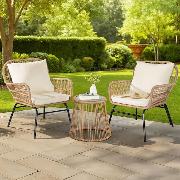 Boho Outdoor Patio Wicker Rattan Lounge Chairs with Removable Cushion and Side Table for Deck, Porch (3-Pack)