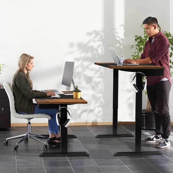 Rectangular Black Electric Wood Sit, Corner Computer Desk With Adjustable Keyboard Tray