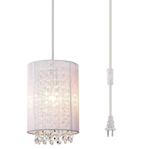 6 in.1-Light Crystal Modern Plug-in Hanging Pendant Light Fixture with White Cylinder Shade for Kitchen Island