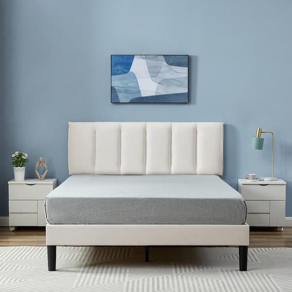 VECELO Upholstered Bed, Modern Platform Bed with Adjustable Headboard, Heavy-Duty Tufted Full Bed Frame with Wood Slat, White