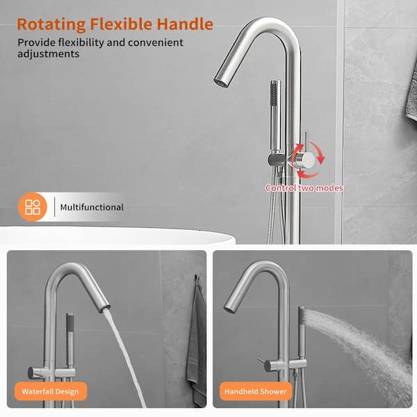 Single-Handle Freestanding Tub Faucet with Hand Shower Brass Floor Mount Tub Filler in Brushed Nickel