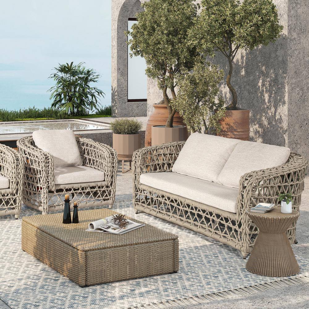 Everly 63.5" Woven Aluminum Patio Loveseat Sofa in Oat Beige