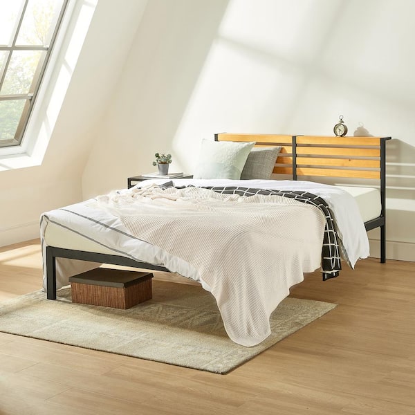 Kasi Black Metal Shelf Solid Pine Wood Platform Bed with Panel Headboard, Twin
