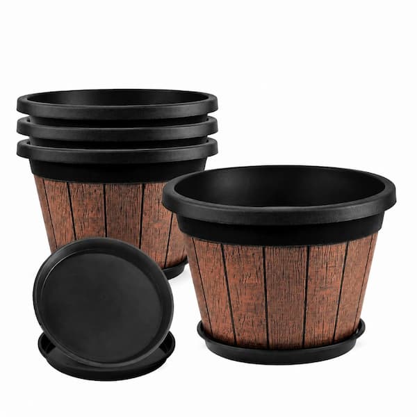 4-Pack 10 in. Brown Plastic Whiskey Barrel Wall Planter for Indoor Outdoor Flowers, Herbs and Small Plants