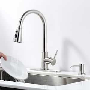 Single-Handle Pull Out Sprayer Kitchen Faucet Included Deckplate and Soap Dispenser in Brushed Nickel