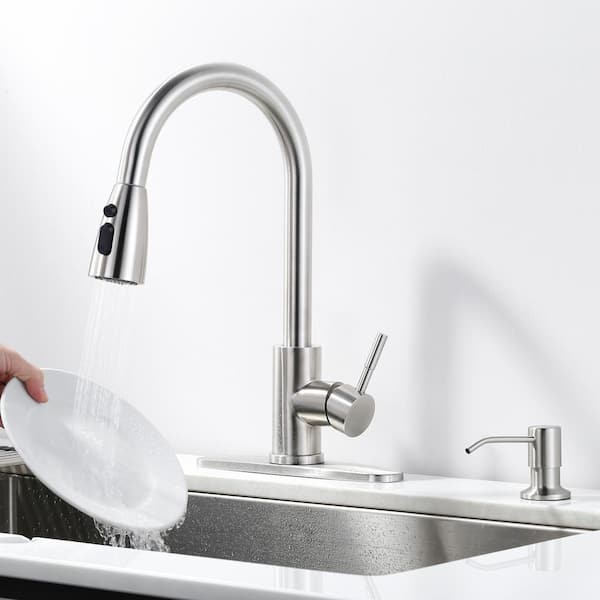 Stainless Steel Single Handle Pull Down Sprayer Kitchen Faucet with 3-Mode Spray, Soap Dispenser in Brushed Nickel