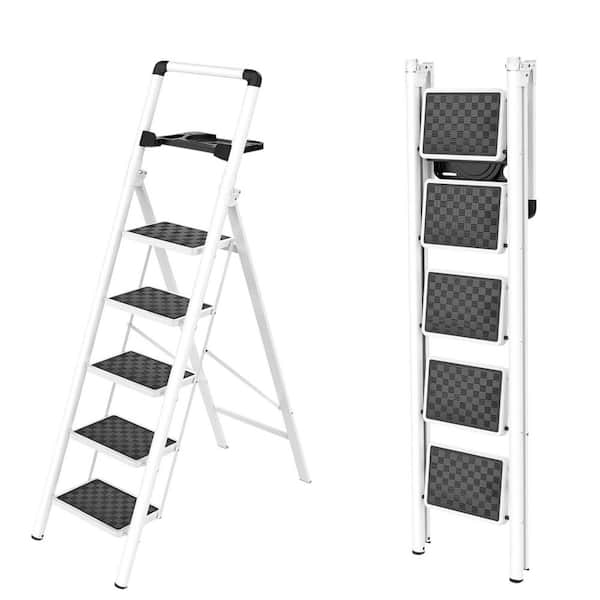 Step Ladder Folding Steel Stool with Wide Pedals for Home Outdoor, Use White Reach 5 Steps Portable, Aluminum 50 in. H