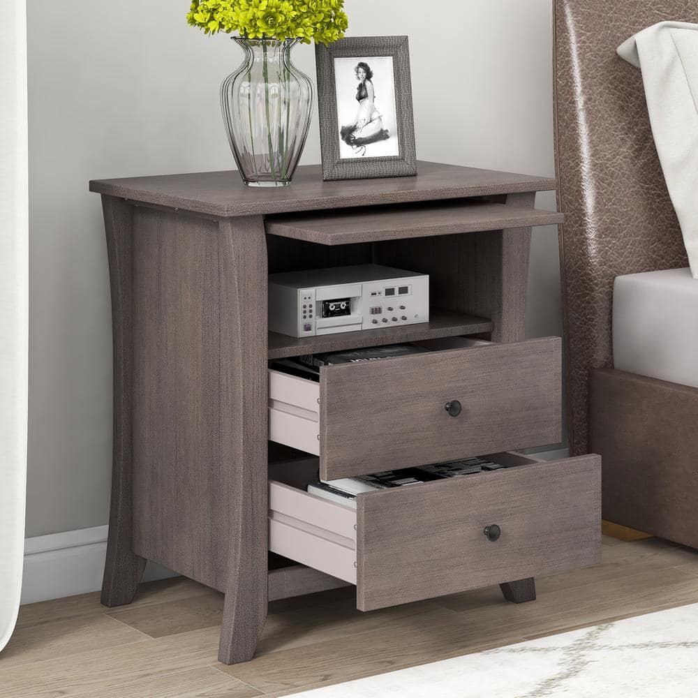 2-Drawer Gray Pine Wood Multi-Functional Storage Nightstand w/Open Cabinet  (25.2 in. H x 24 in. W x 15.7 in. D) EC-NSG-8201 - The Home Depot
