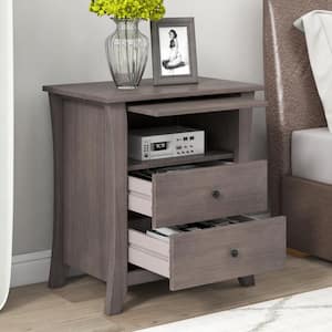2-Drawer Gray Pine Wood Multi-Functional Storage Nightstand w/Open Cabinet (25.2 in. H x 24 in. W x 15.7 in. D)