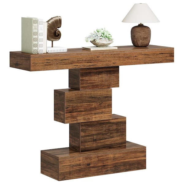 Turrella 42.5 in. Brown Rectangle MDF Console Table with Geometric Base, Narrow Accent Table for Living Room, Entrance