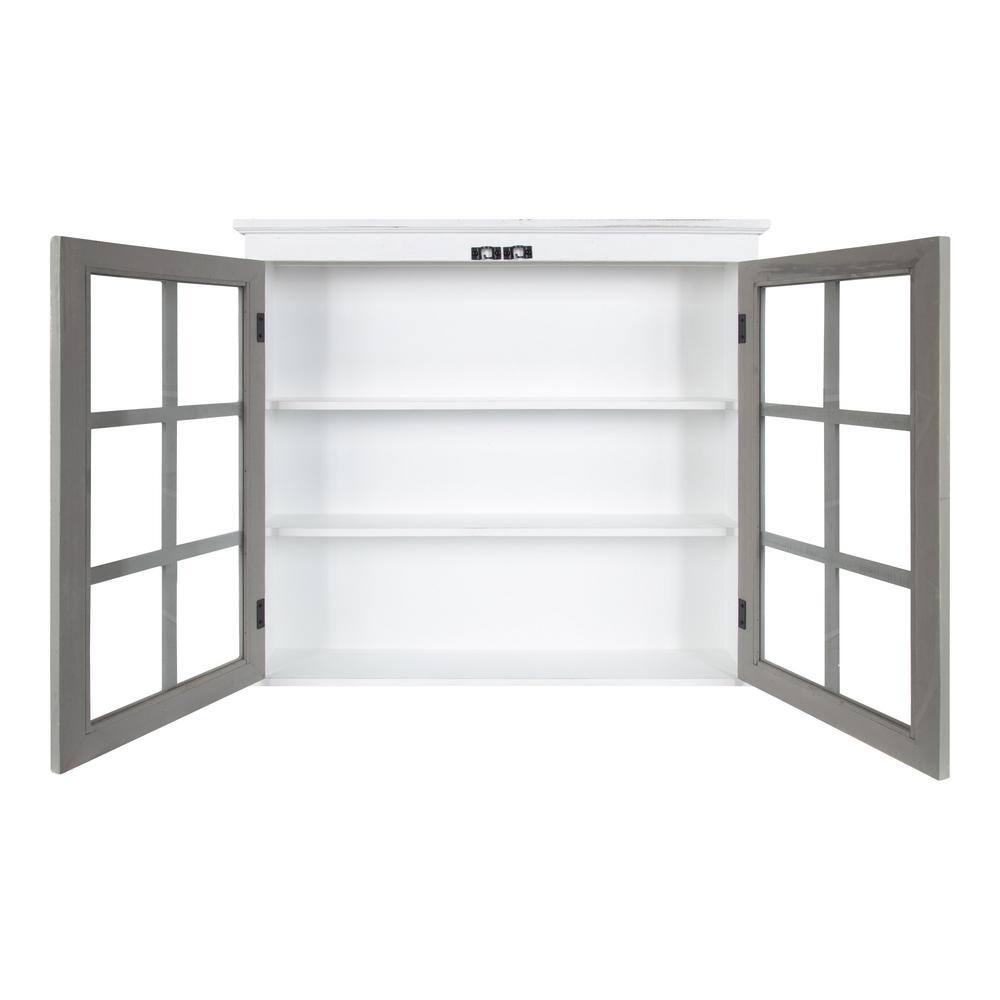 White and Gray Farmhouse Wood Wall Cabinet with Glass Doors