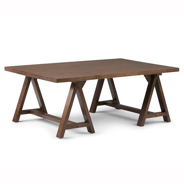 Simpli Home Sawhorse Solid Wood 48 in. Wide Modern Industrial Modern Industrial Coffee Table in Medium Saddle Brown